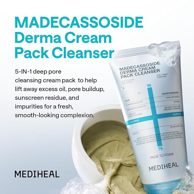 Mediheal Derma Cream Pack Cleanser [Madecassoside] - 1 Minute Mask to Foam Cleanser - Deep Cleansing & Pore Cleansing Effect - Smooth Texture Care - Hydrating & Non-Irritating Formula (4.06 fl. oz.)