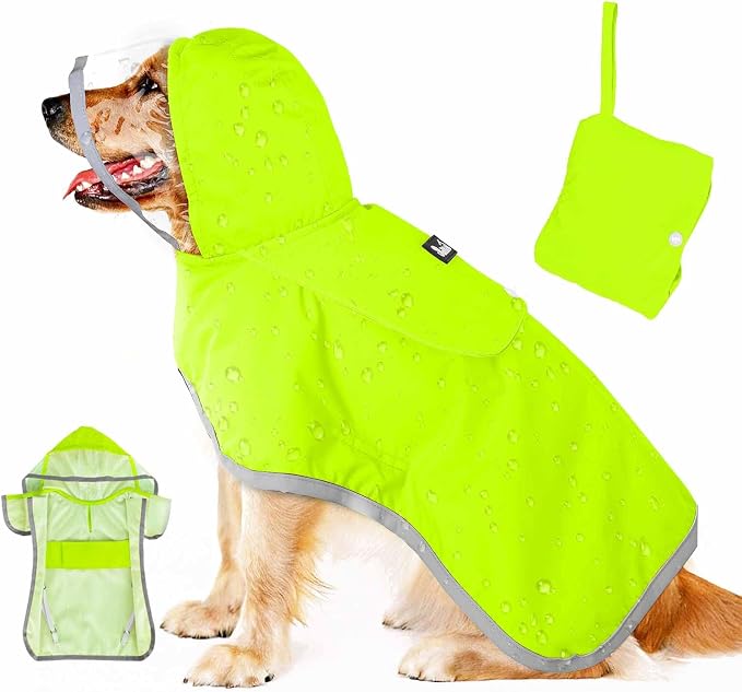 Lukovee Dog Raincoat, Waterproof Rain Jacket, Clear Hood & Reflective Rim | Easy On Off Adjustable Straps, Leash Hole, Soft Mesh Lining, Storage Pocket, Poncho for Small Medium Large Dogs (Green, L)