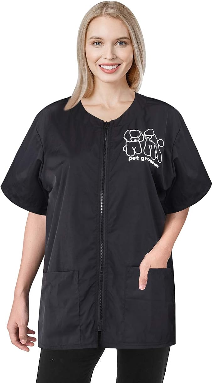 Noverlife Short Sleeve Pet Grooming Work Clothes with Full Zipper, M Size | Anti-Static & Splash Proof Pet Beautician Uniforms, Hair Repellent Smock & Trousers for Professional Dog Cat Grooming Salon