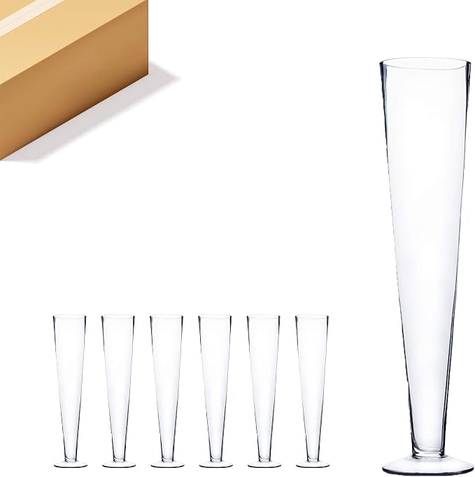 WGV Trumpet Glass Vase Bulk, Open 5", Height 23.5", (Multiple Sizes Choices) Clear Tall Pilsner Floral Planter Container Centerpiece, Wedding Event Home Decor, 6 Pieces (VTV0524)