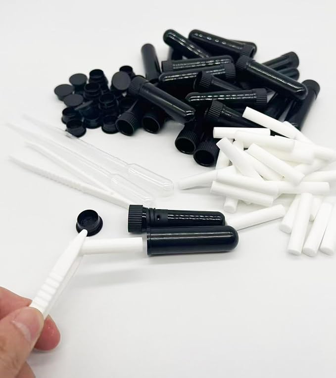Essential Oil Aromatherapy Blank Nasal Inhaler Tubes (Includes 24 inhalers+36 unscented Wicks+2 Plastic Droppers+1 Plastic Tweezers)-Black.