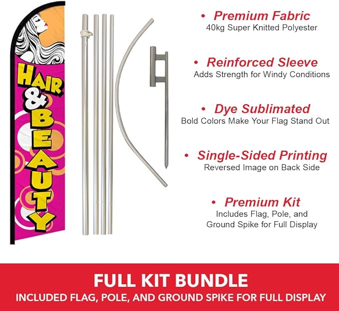 Hair & Beauty Windless Banner Advertising Flag & Pole Kit - Perfect for Spas, Massage Therapists, Salons, Barber Shops