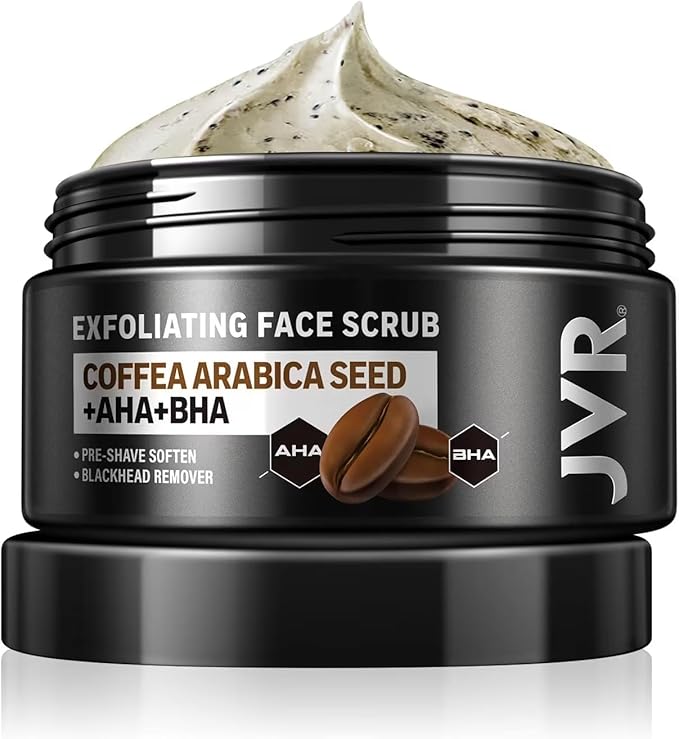 JVR Face Scrub for Men, Facial Scrub for Deep Exfoliating, Cleansing Blackheads, Ingrown Hair, Pre-shave Soften, Organic Formulated with Coffee Extract, AHA and BHA Face Exfoliator (4.23 oz)