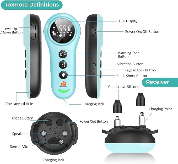 550 Yard Auto Anti-bark Remote Dog Training Shock Collar, Sky Blue/Torquoise