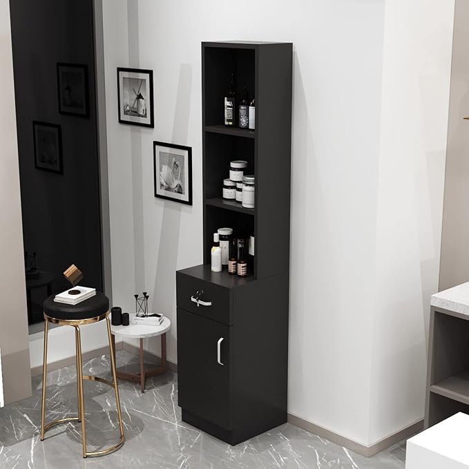 Paddie Wall Mount Barber Salon Stations for Hair Stylist, Hair Stylist Salon Equipment Set Beauty Spa Furniture with Shelves/Lockable Drawers/Storage Cabinet (Black3)