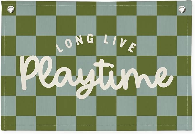 Playroom Decor Long Live Playtime Banner, Green And Blue Checkered Pattern Banner Linen Hanging Banner Flag for Nursery Toddler Room, Boys Girls Kids Room Decor,Classroom Decorations 30x20
