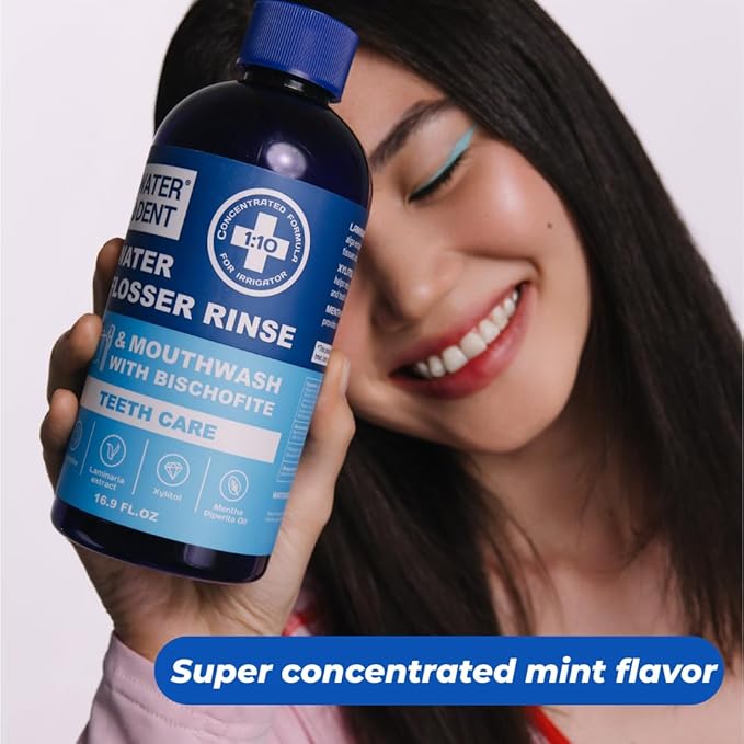 WATER DENT | Water Flosser Rinse, IRRIGANT, Concentrate Mouthwash | When dilluted1:10 = 44 fl.oz, Travel Size, Add to Oral irrigator, Mint Flavor, Alcohol & Fluoride Free. Made in USA | 4 fl.oz