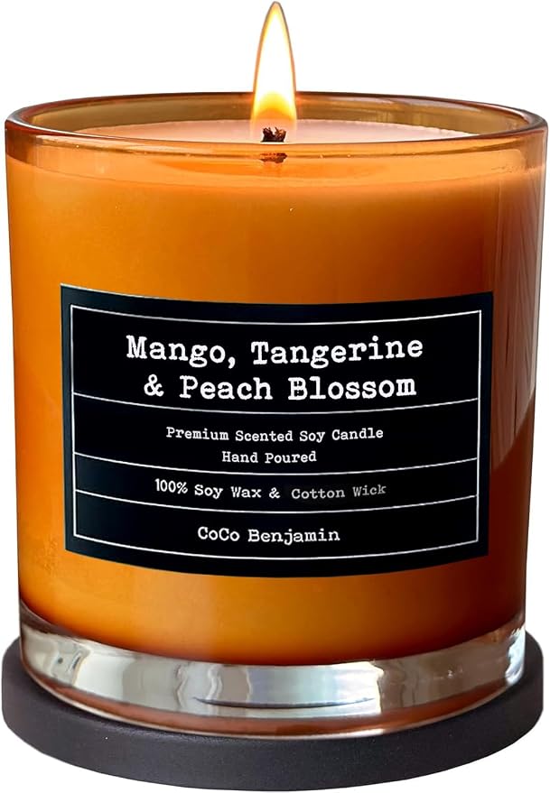 100% Natural Soy Wax Candle by CoCo Benjamin - Highly Scented & Hand-Poured Luxury Candle (Mango, Tangerine & Peach Blossom) - Clean Burning Cotton Wick