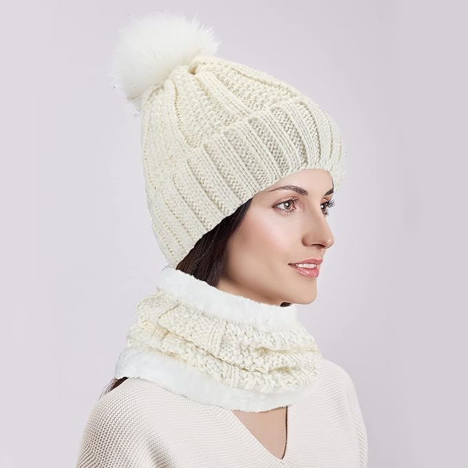 SATINIOR 5 Pcs Winter Hat Scarf Gloves Set Fleece Warm Lined Knit Beanie Hat Touch Screen Earmuff Gloves Warmer for Women(White,Classic Style)