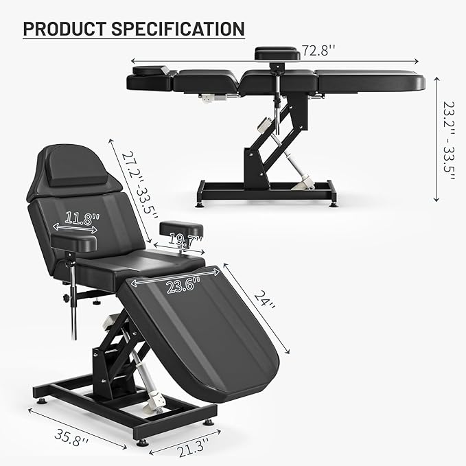 Fully Electric Tattoo Chair Bed for Client with 3 Motor & Adjustable Armrests Black Facial Beds for Esthetician w/Headrest for Spa