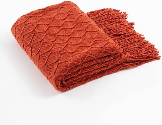 BATTILO HOME Rust Throw Blanket for Couch, 50" x 60", Acrylic Knit Woven Summer Blanket, Lightweight Decorative Soft Nap Throw with Tassel for Chair Bed Sofa Travel Picnic, Suitable for All Seasons