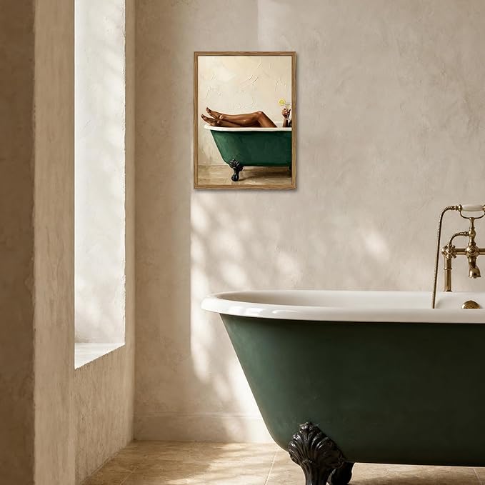 Black Woman Green Bathtub Wall Art Modern Luxury Bathroom Wall Decor Painting, Vintage Afrocentric Girl Bathroom Poster Canvas Print Picture 12x16 inch Wood Framed