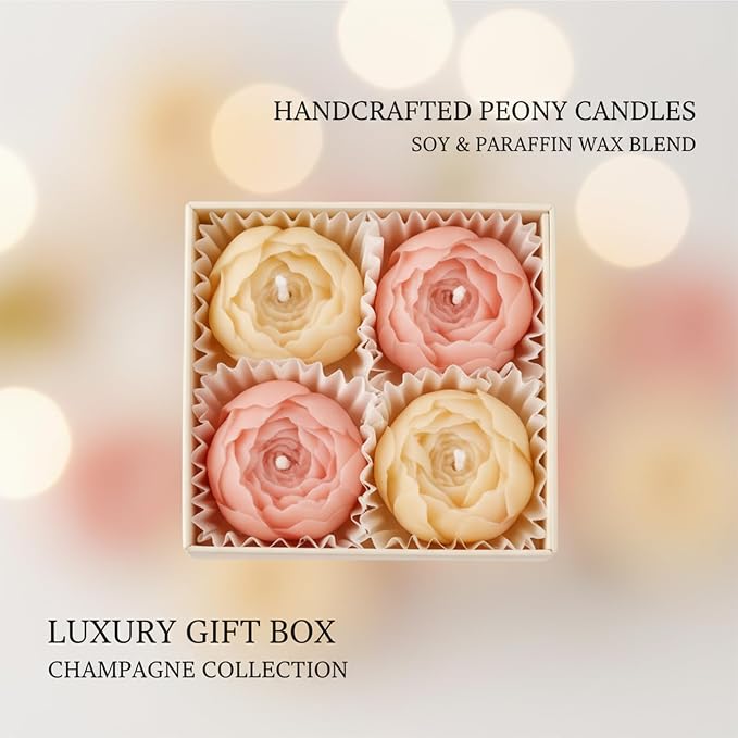 Flower Candles, Scented Floral Candle Rose Peony (Champagne) | 4-Pack Handmade Aromatherapy for Spa Party Wedding Home Decor
