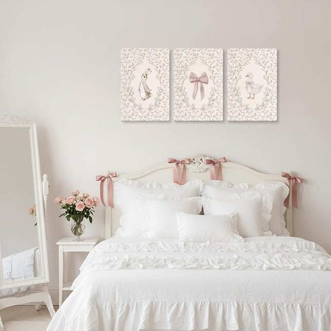 Baby Girl Nursery Wall Art Set of 3, Vintage Cottage Core Nursery Decor, Pink Bow Rabbit Goose Poster Print, Cute Floral Animal Canvas Pictures for Girls Room Kids Bedroom Framed 16x24 Inch