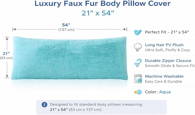 REAFORT Long Hair Faux Fur Body Pillow Cover 21"x54", Hidden Zipper (Aqua) | Ultra-soft long hair faux fur with a hidden zipper offers luxurious comfort and is machine washable for easy care.