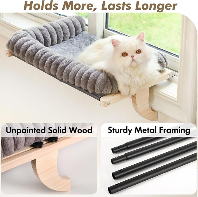 Cloud-Soft Cat Window Sill Perch, Zipper Design Cushion Pet Bed, L | Solid Wood & Sturdy Metal Frame, Machine Washable, Unobstructed Front View, Panoramic and Roomy Cat Hammock for Large Cats