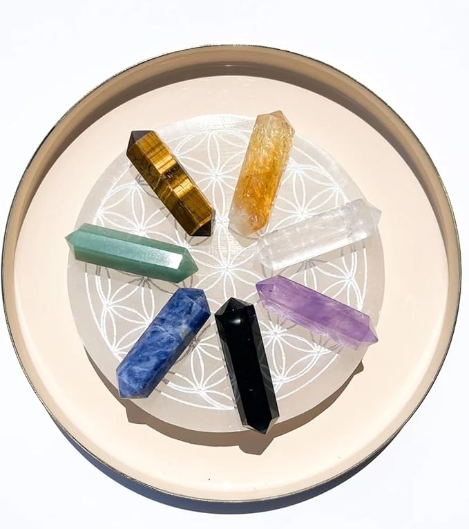 Chakra Crystal Healing Set: Selenite Flower of Life Plate & 7 Double Terminated Points