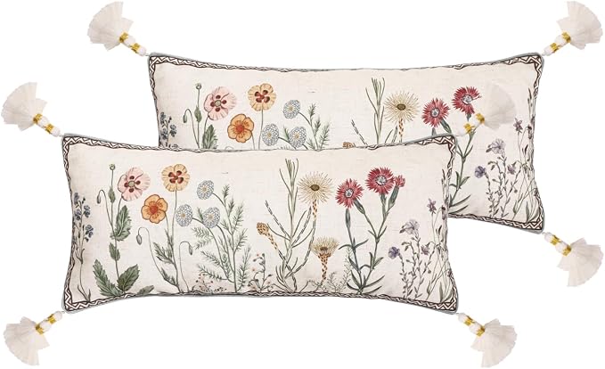 Designer Linen Throw Pillow Cover,Set of 2,28"x12"-Serenity D | French Elegant Rectangle Decor Pillow Cover,Concealed Zipper Design,Light Beige,Sofa,Bedroom,Living Room,Chairs