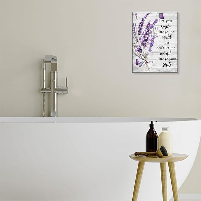 Purple Bathroom Flower Canvas Wall Decor Inspirational Wood Board Canvas Wall Art Lavender Bathroom Washroom Print Poster Rustic Wall Painting Pictures Artwrok 12x16 In