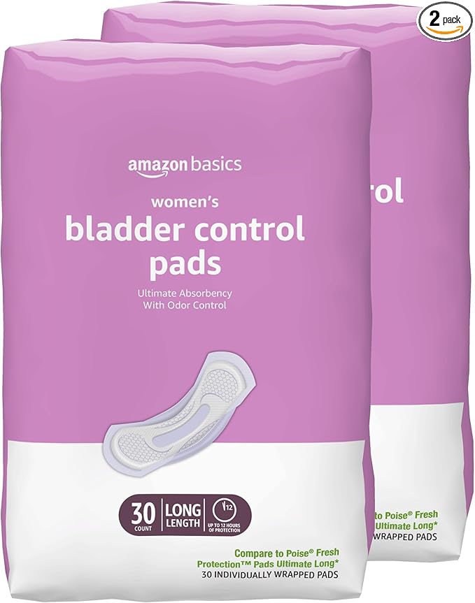 Amazon Basics Incontinence Pads for Women, Long, Bladder Control, Postpartum, Ultimate Absorbency, Unscented, with Odor Control, 60 Count (2 Packs of 30)