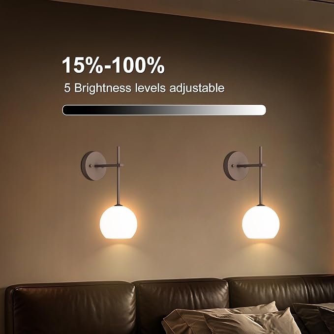 Brown Battery Operated Wall Sconces Set of 2, Rechargeable Wireless Wall Lights with Milky White Frosted Glass, 12 RGB and 3CCT Dimmable Wall Lamps with Remote for Bedroom Living Room Hallway