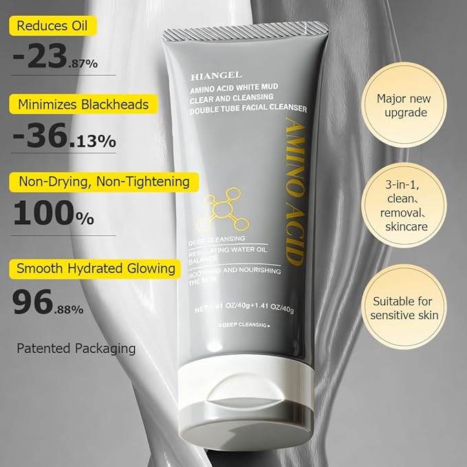 Dual-Tube Facial Cleanser, Amino Acid & Clay Face Wash for Oily Sensitive Skin, 2-in-1 Deep Pore Foam for Oil Control & Blackheads, Makeup Remover