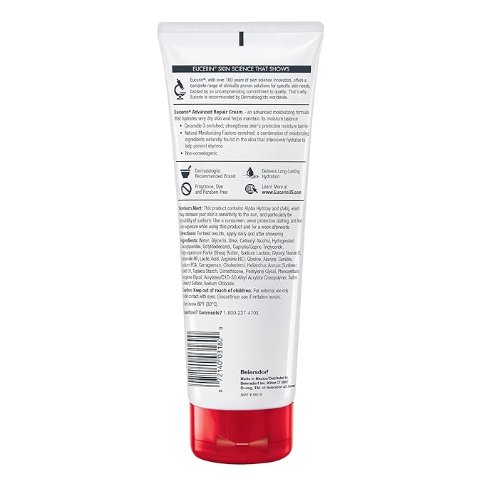 Eucerin Advanced Repair Body Cream for Very Dry Skin, Fragrance Free Daily Body Moisturizer, 8 Oz Tube