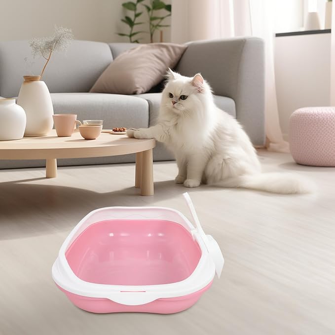 OUNONA Semi-Closed Cat Litter Box Anti-Splash Durable Pan with Open Top and Pee Shield for Small Cats and Kittens Indoor Housebreaking