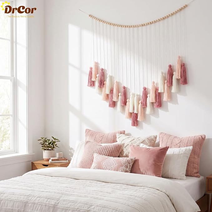 DrCor Blush Pink Tassel Garland – Boho Nursery Decor | Macrame wall hanging for baby girl nursery, toddler room. Rose gold boho decor.