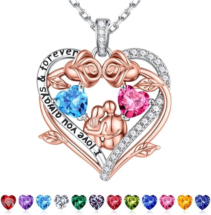 Iefil Valentines Gifts for Her Wife - 925 Sterling Silver Double Heart Birthstone Necklace, Anniversary Birthday Gifts for Women Wife Girlfriend