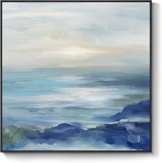 Framed Blue Abstract Wall Art Decor, Square Coastal Modern Canvas Artwork for Walls, Peaceful Abstract Seascape Ocean Painting, Wall Decor Print for Hallway Bedroom Bathroom Home Office, 24x24 Inch