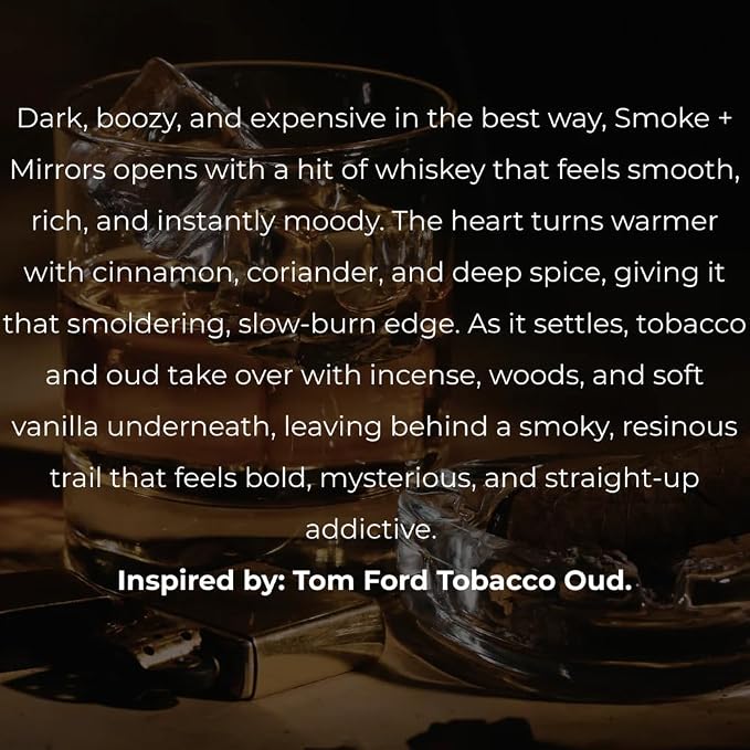 Smoke + Mirrors Extrait de Parfum - 1.1oz / 30ml - Inspired by Tobacco Oud T.Ford - Long Lasting Clean & Vegan Fragrance for Women & Men - Notes of Whiskey, Oud & Tobacco