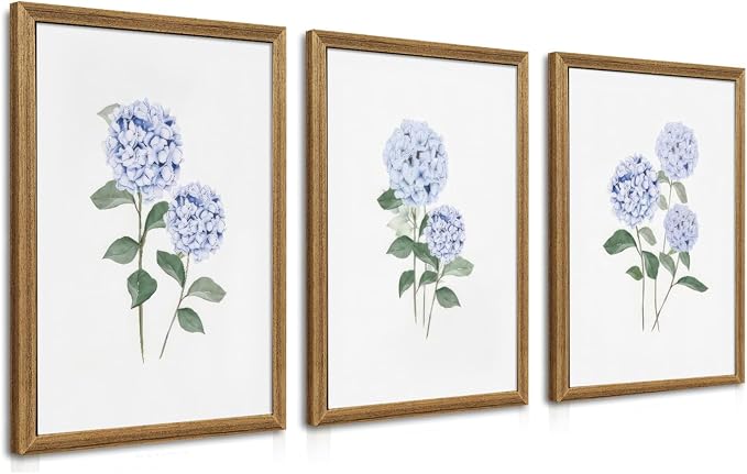 WRFON Blue Hydrangea Framed Wall Art Set of 3, Watercolor Floral Botanical Canvas Prints, Minimalist Flower Wall Decor for Dining Room Living Room Bedroom, Wood Frame 16x24 Inch