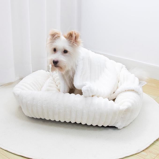 Waterproof Dog Blanket Cream 35x25 in | Soft Pet Cat Blanket Cozy Calming Sherpa Corduroy Fleece Reversible Furniture Bed Protector for Small Dogs Machine Washable