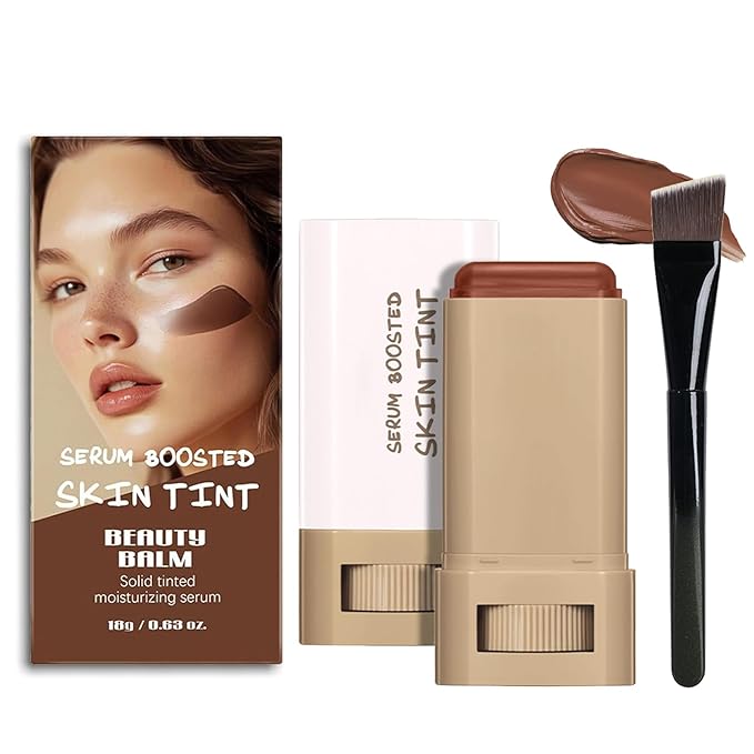 Beauty Balm Serum Boosted Skin Tint with Brush– Lightweight Essence Tinted Foundation Stick for Flawless Sheer to Full Coverage, Natural & Breathable Contour Stick for Face Makeup (#02)