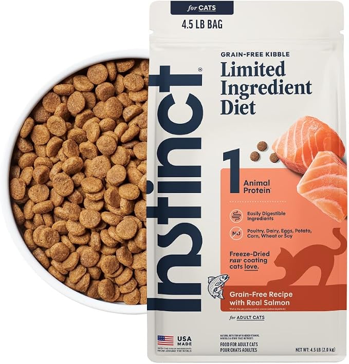 Instinct Limited Ingredient Diet Dry Cat Food, Real Salmon, 4.5 lb. Bag | Single animal protein and vegetable recipe, raw-coated kibble, wild-caught salmon, gentle on sensitive stomachs
