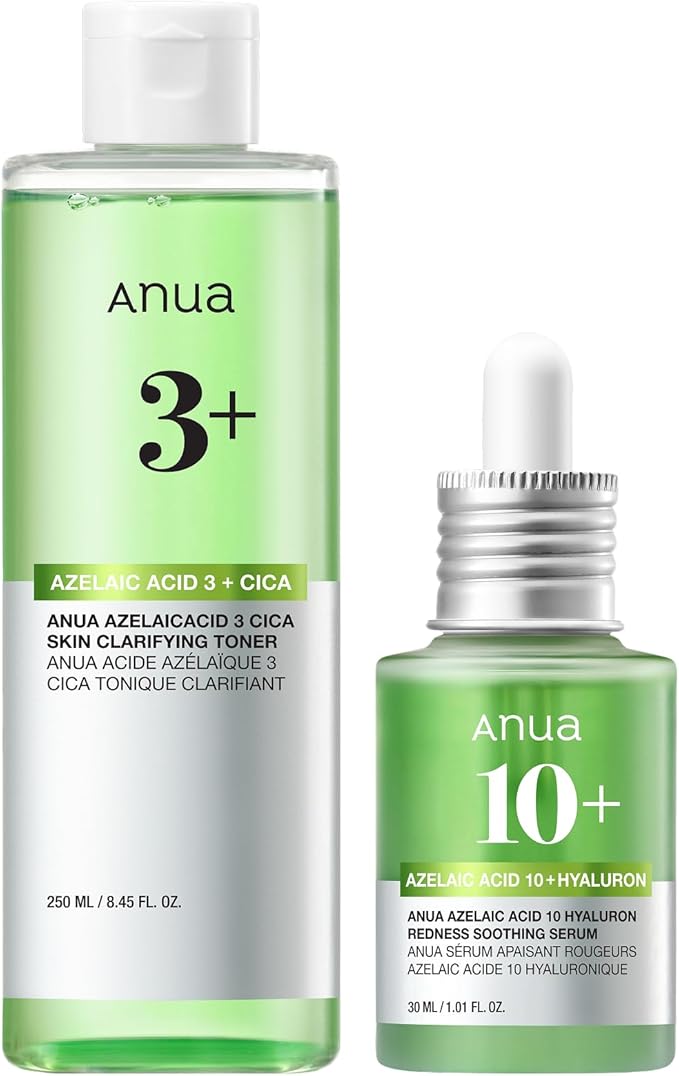 Anua Azelaic Acid Redness Care Duo, Azelaic Acid 3 CICA Skin Clarifying Toner & Azelaic Acid 10 Hyaluron Redness Soothing Serum, Blemish & Redness Care Routine for Sensitive Skin, Korean Skincare