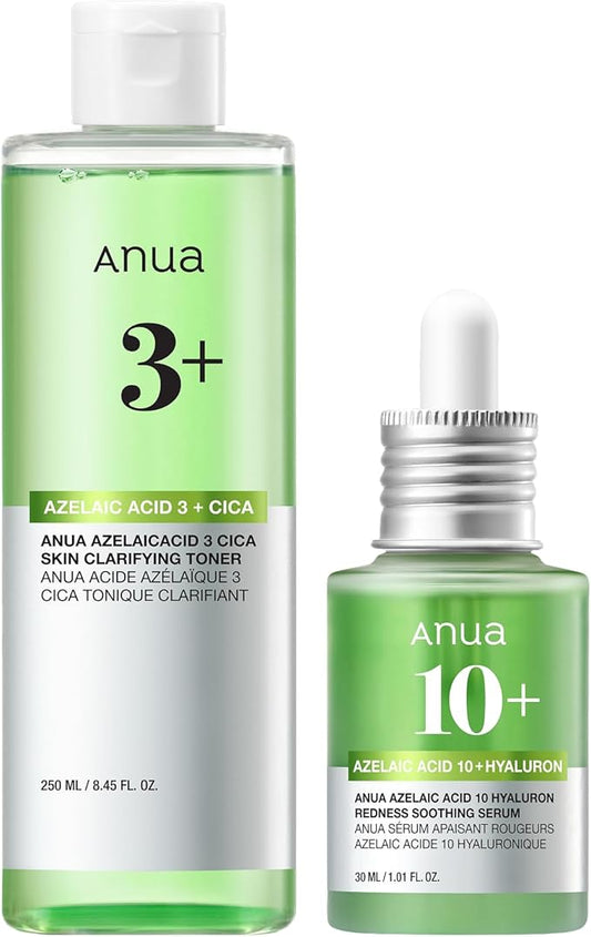 Anua Azelaic Acid Redness Care Duo, Azelaic Acid 3 CICA Skin Clarifying Toner & Azelaic Acid 10 Hyaluron Redness Soothing Serum, Blemish & Redness Care Routine for Sensitive Skin, Korean Skincare