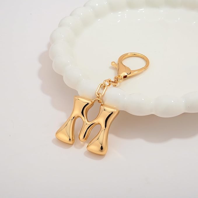 WOWORAMA Initial Letter Keychain for Women Chunky Gold Bubble Letter Bag Charm Purse Charm Personalized Keyrings Accessories
