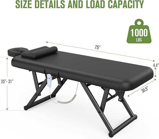 Electric Stationary Massage Table - Adjustable Massage Table with Manual Adjustable Backrest & Height, Treatment Tables with Electric Foot Lift, C-Shaped Pillow, Metal X-Frame, PU Leather for Beauty