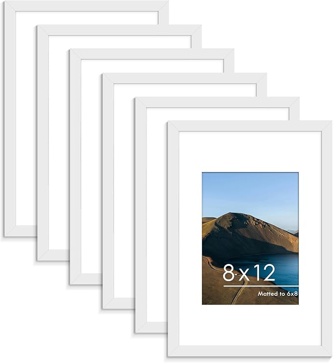 8x12 Picture Frame Set of 6, Wall or Tabletop Display, White | Display 6x8 with Mat or 8x12 Without Mat, Horizontal or Vertical, Gallery Wall Frame Set for Wedding & Room & Home Decor