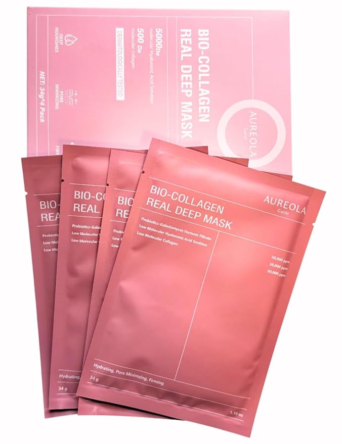 Bio-Collagen Sheet Mask (4 Pack), Hydrating & Firming Face Mask, Korean Skin Care Collagen Mask for Dry & Aging Skin, Winter Hydration for All Skin Types
