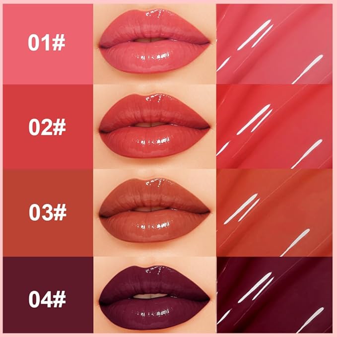 4Pcs Full-On Plumping Liquid Lip Gloss, Hydrating Lip Plumper Lip Blam Lipstick, High-Shine Tinted Formula for Fuller, Nourishes, Moisturizes & Softens Lips, Cruelty-Free (01+02+03+04)