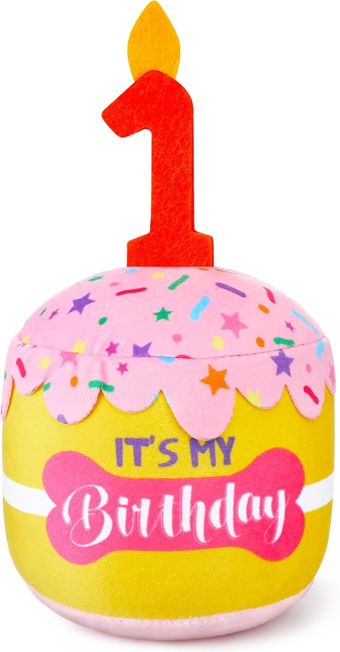 Dansydaisy Dog Birthday Cake Toy Squeaky Plush Gift,1st,Pink and Yellow