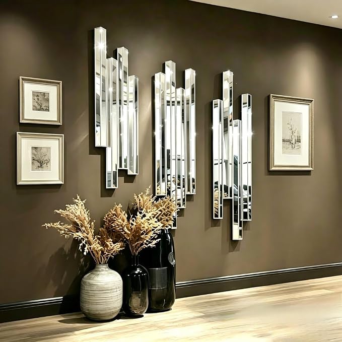 Modern 3 Pack 28x8 Staggered 3D Silver Mirror Wall Set Mirror Decor | Premium silver mirror with bevels. 4 sturdy hooks for V/H mount. Perfect for modern living, entryway & dining home decoration