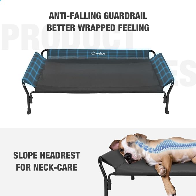 Veehoo Cooling Elevated Dog Bed, Raised Dog Cot with Guardrail & Headrest | Washable Dog Couch Bed for Indoor & Outdoor, Durable Breathable Teslin Mesh, Non-Slip Feet, Large 47" x 32", Black