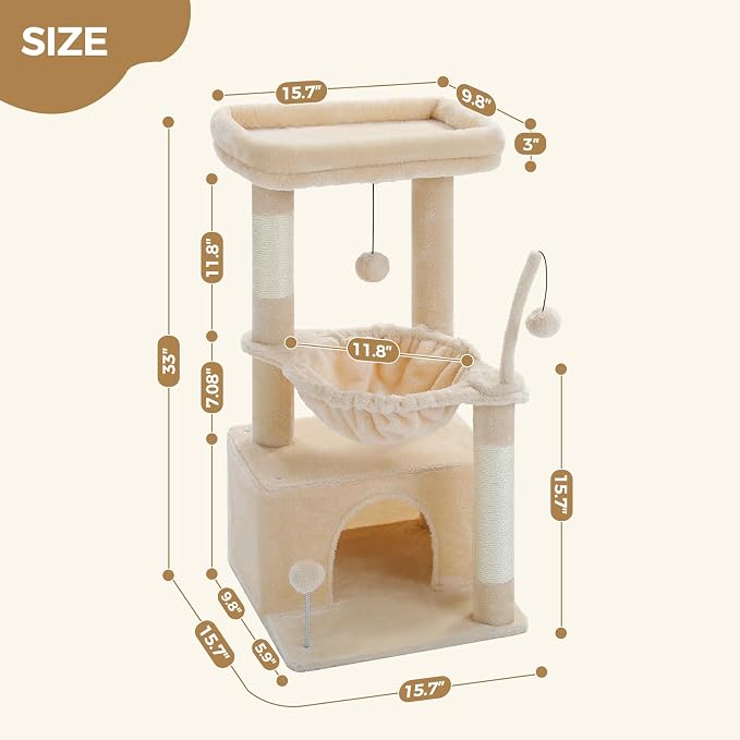 PEQULTI 4-in-1 Cat Tree for Kittens & Small Cats, 33in Beige Tower | Compact 33in cat tower: deep hammock, cozy condo, top perch, sisal post; removable washable cover; wide base for small cats