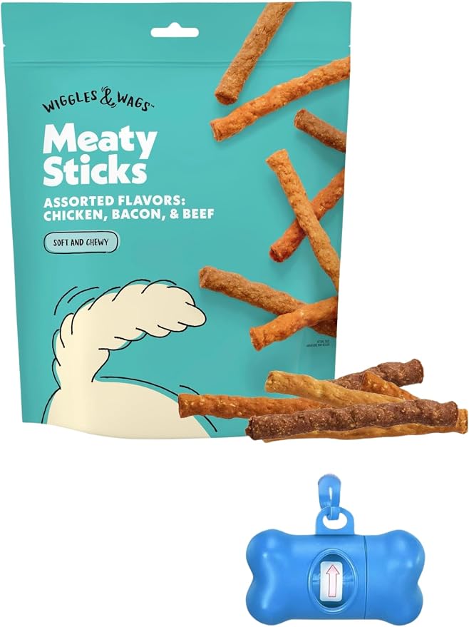 Wiggles & Wags Meaty Sticks Dog Treats, Chicken Bacon Beef Flavors, 16 oz with DN Essentials Bone Shaped Waste Bag Dispenser & Roll