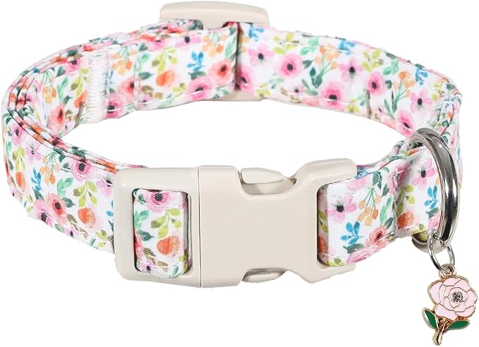 Dog Collar, Floral Girl Dog Collar with Pink Flowers, Cute Spring Summer Pattern for Girls Boys Small Medium Large Dogs, Soft Puppy Collar