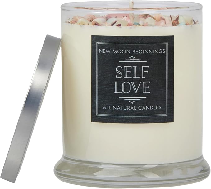Self Love Candle by New Moon Beginnings - Negative Energy Cleansing - Handmade Aromatherapy Soy Candle - Dried Flower, Herb, & Crystal Candle - 12oz Glass Jar